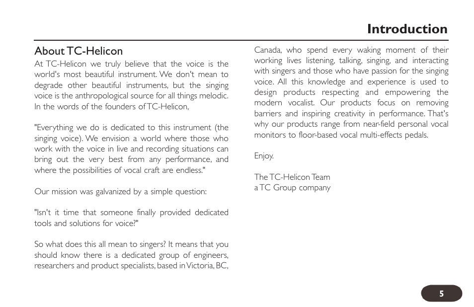 Introduction, About tc-helicon | TC-Helicon VoiceTone Double User Manual | Page 4 / 25