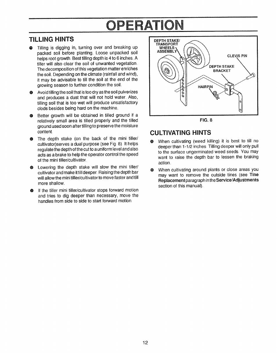 Tilling hints, Cultivating hints, Operation | Craftsman 536.797500 User Manual | Page 12 / 20