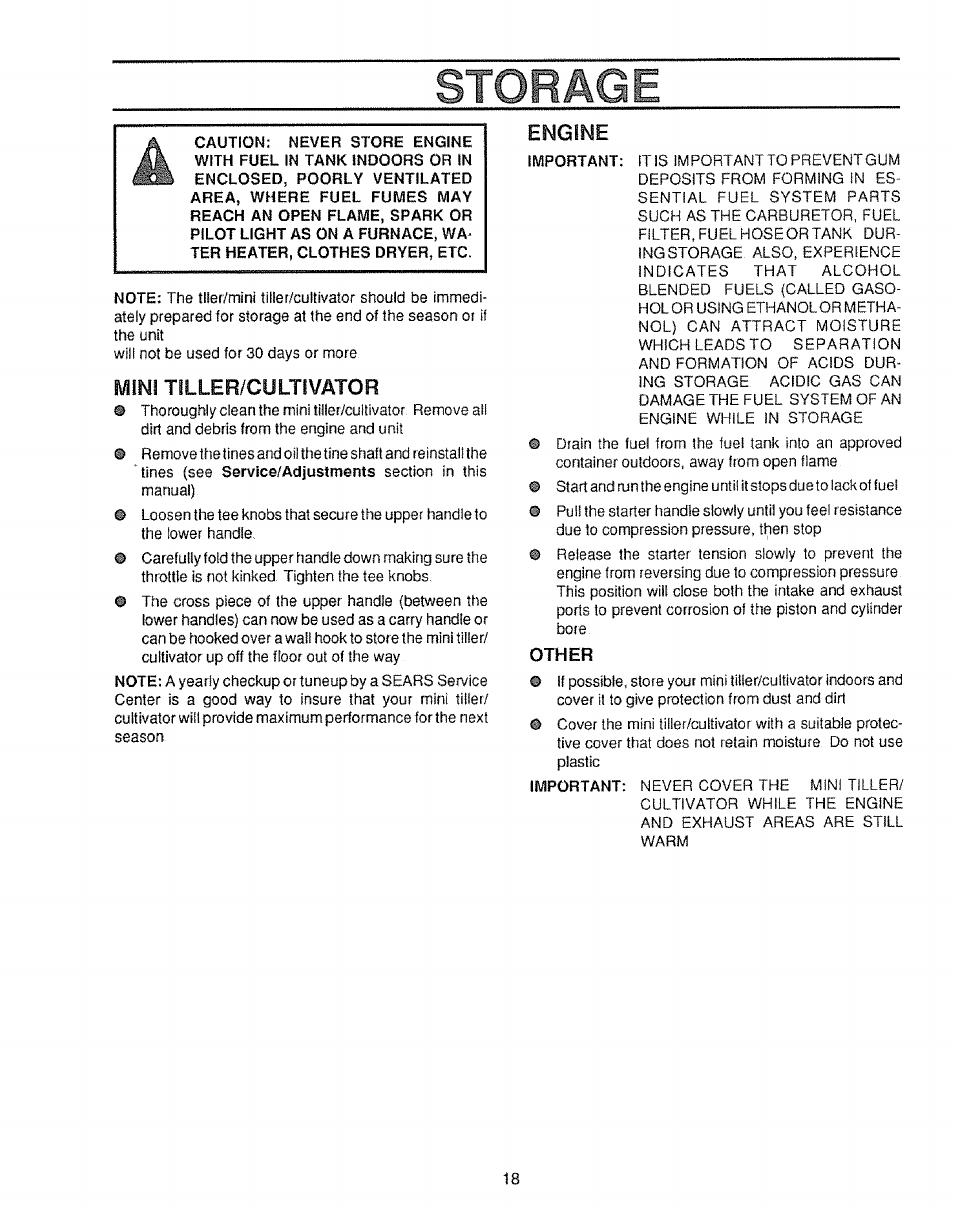 Storage, Other, Mini tiller/cultivator | Engine | Craftsman 536.797500 User Manual | Page 18 / 20