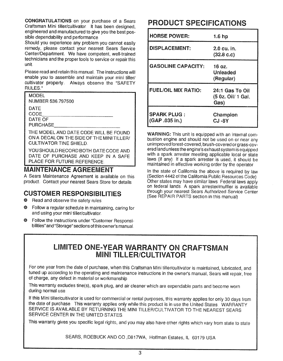 Maintenance agreement, Customer responsibilities, Product | Specifications | Craftsman 536.797500 User Manual | Page 3 / 20