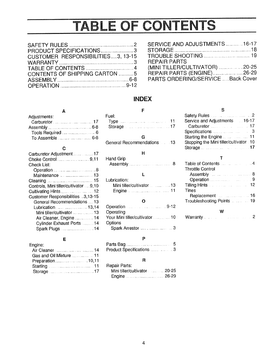 Index, Table of rontfnts | Craftsman 536.797500 User Manual | Page 4 / 20