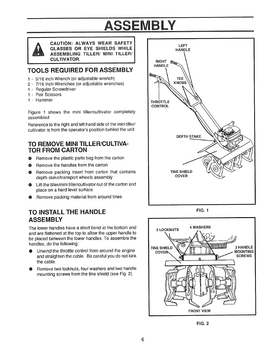 Tools required for assembly, To remove mini tiller/cultivator from carton, To install the handle assembly | Aqqpiiri y | Craftsman 536.797500 User Manual | Page 6 / 20