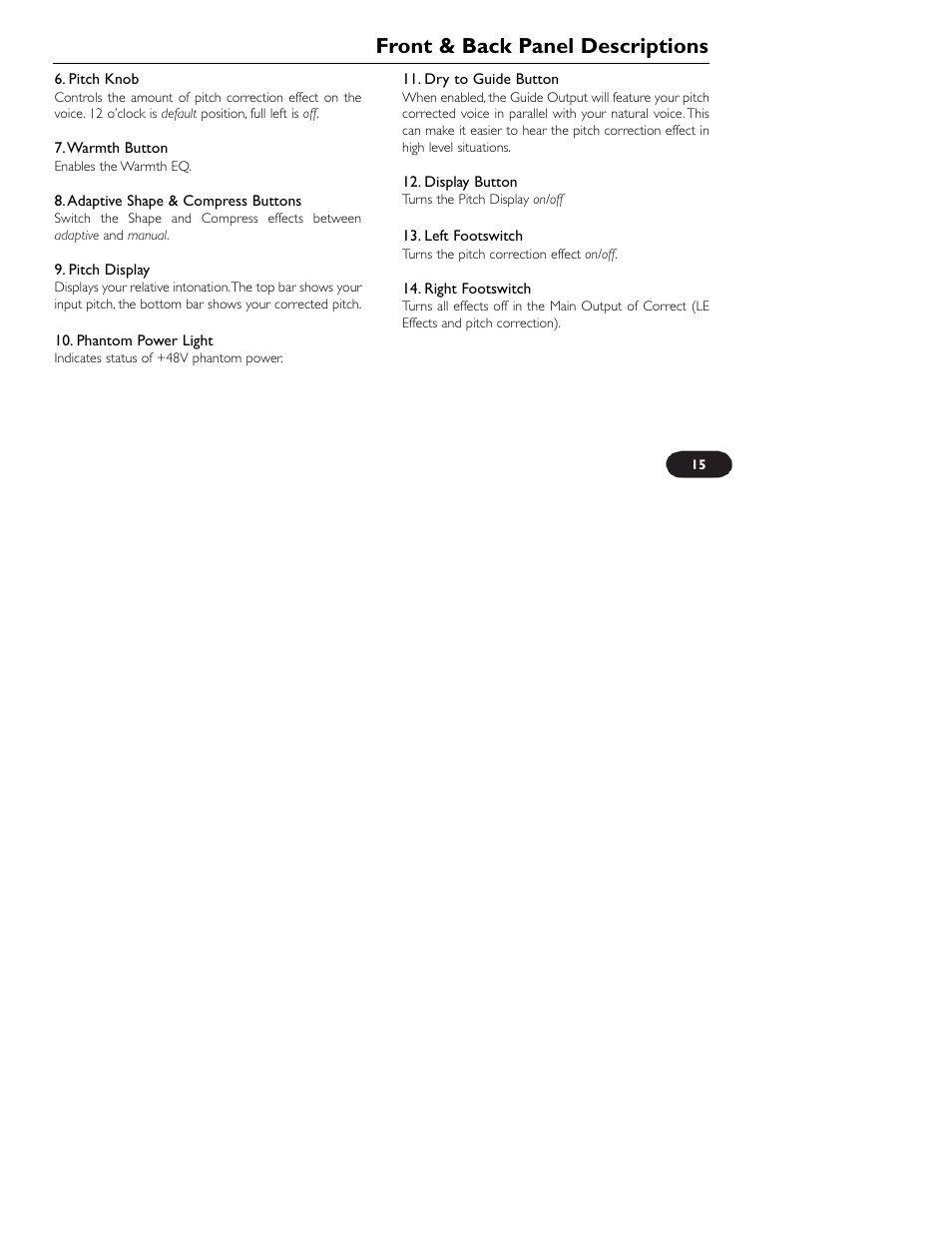 Front & back panel descriptions | TC-Helicon VoiceTone Correct User Manual | Page 15 / 35