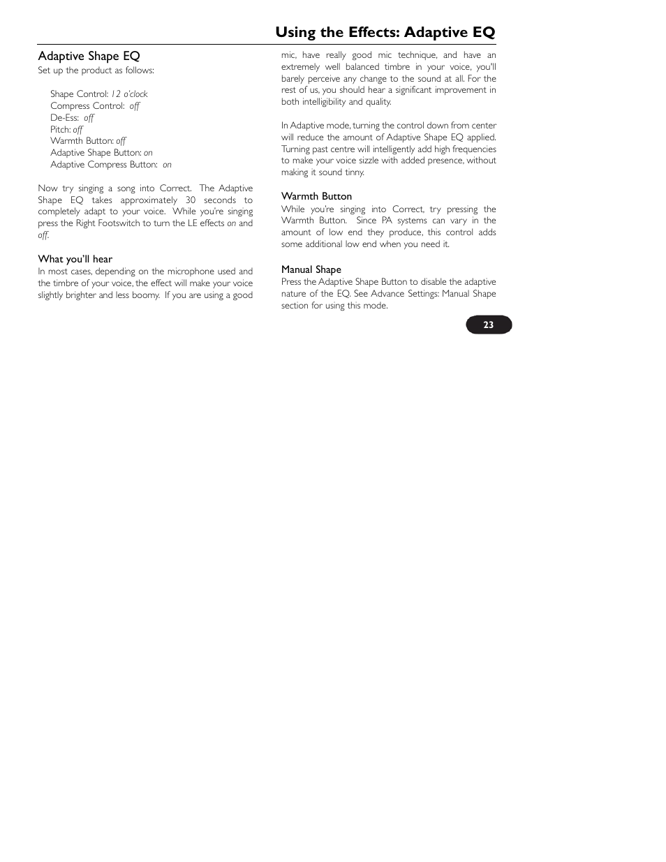 Using the effects: adaptive eq | TC-Helicon VoiceTone Correct User Manual | Page 23 / 35