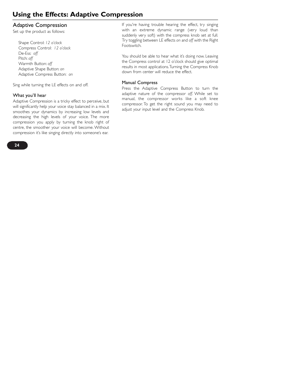 Using the effects: adaptive compression | TC-Helicon VoiceTone Correct User Manual | Page 24 / 35