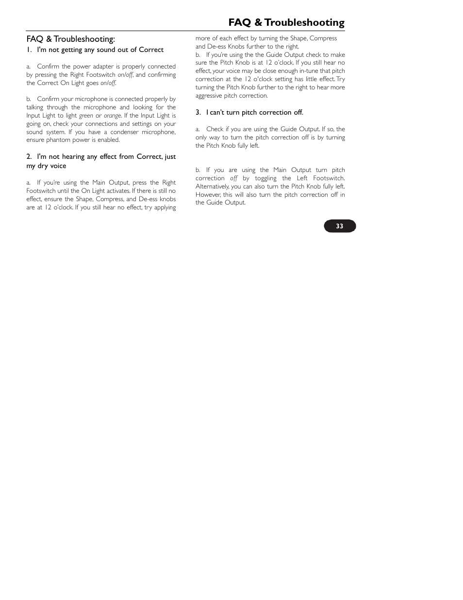 Faq & troubleshooting | TC-Helicon VoiceTone Correct User Manual | Page 33 / 35