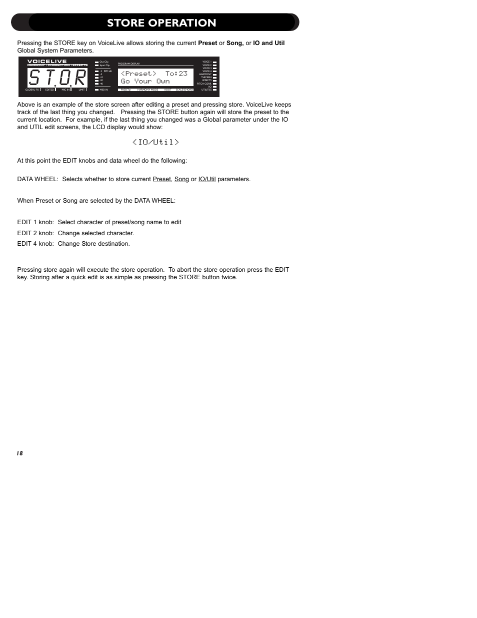 S t o r, Store operation, Io/util | Preset> to:23, Go your own | TC-Helicon VoiceLive Manual User Manual | Page 20 / 59