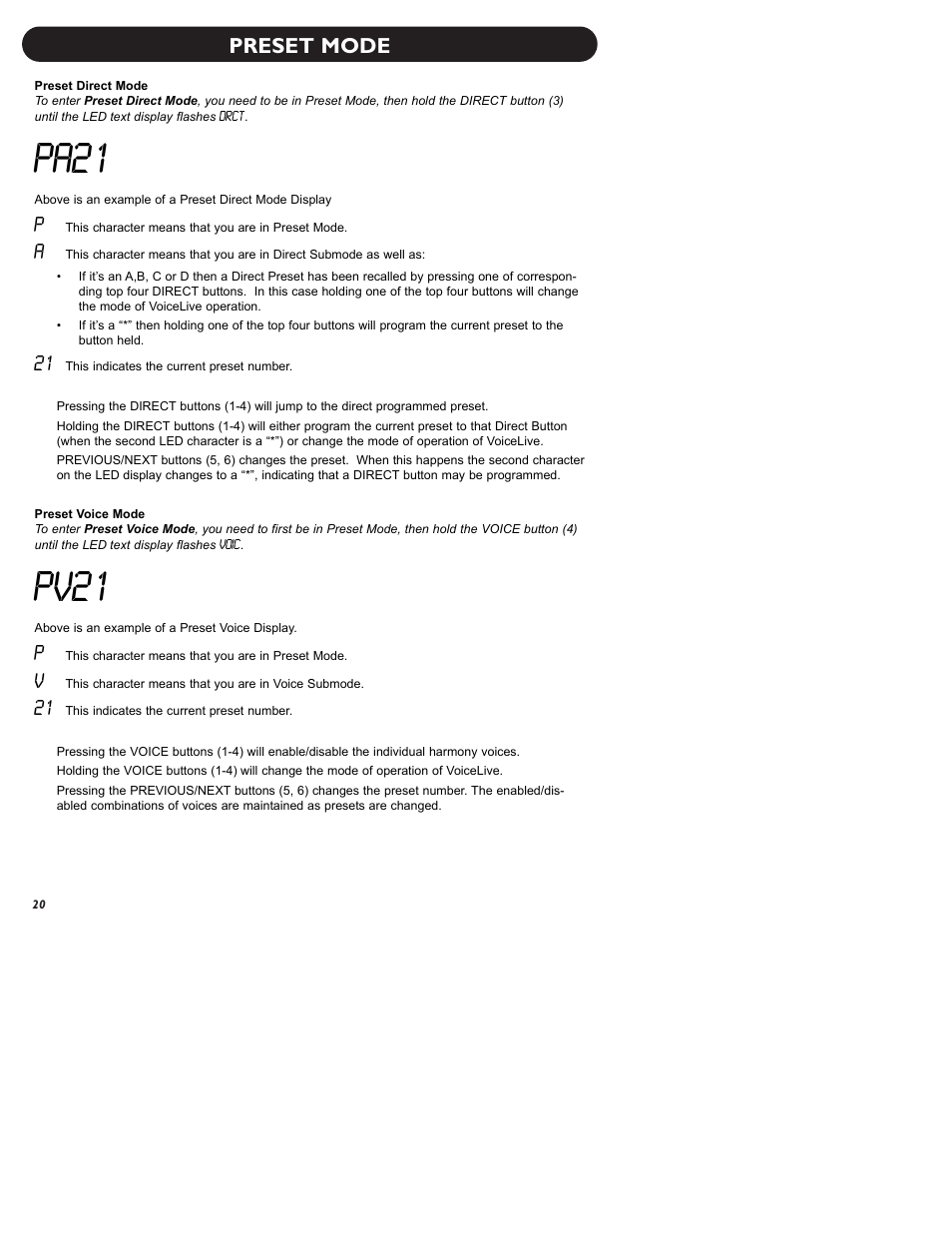 Pa21, Pv21, Preset mode | TC-Helicon VoiceLive Manual User Manual | Page 22 / 59