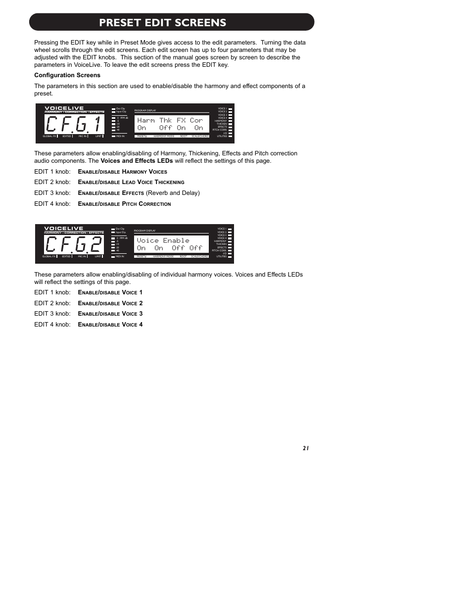 C f g 2, C f g 1, Preset edit screens | Voice enable, On off off, Harm thk fx cor, On off on on | TC-Helicon VoiceLive Manual User Manual | Page 23 / 59