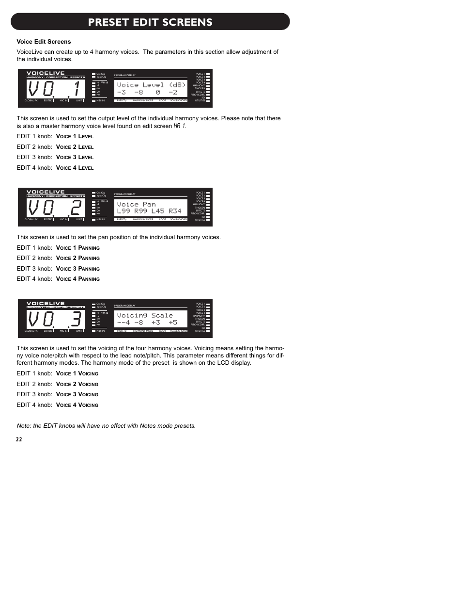 V o 3, V o 2, V o 1 | Preset edit screens, Voicing scale, Voice pan, Voice level (db), Edit 2 knob: v, Edit 3 knob: v, Edit 4 knob: v | TC-Helicon VoiceLive Manual User Manual | Page 24 / 59