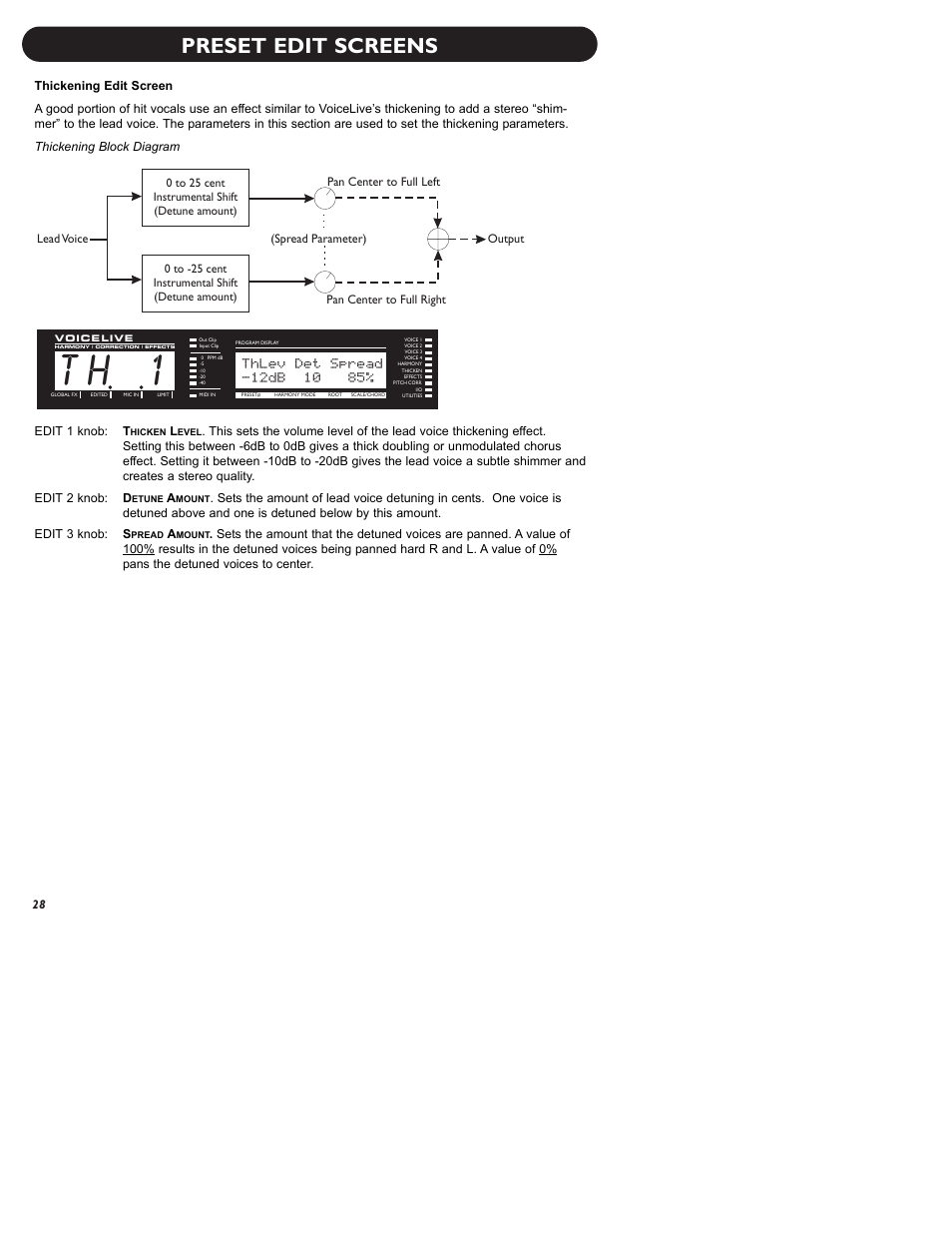 T h 1, Preset edit screens, Thlev det spread | TC-Helicon VoiceLive Manual User Manual | Page 30 / 59