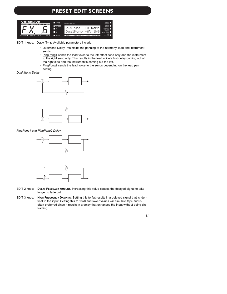 F x 6, Preset edit screens, Dlytype fb damp | Dualmono 46% 1k0 | TC-Helicon VoiceLive Manual User Manual | Page 33 / 59