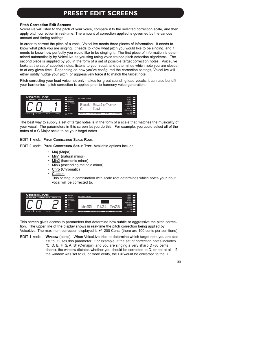 C o 2, C o 1, Preset edit screens | Root scaletype, Cmaj, Edit 2 knob: p | TC-Helicon VoiceLive Manual User Manual | Page 35 / 59