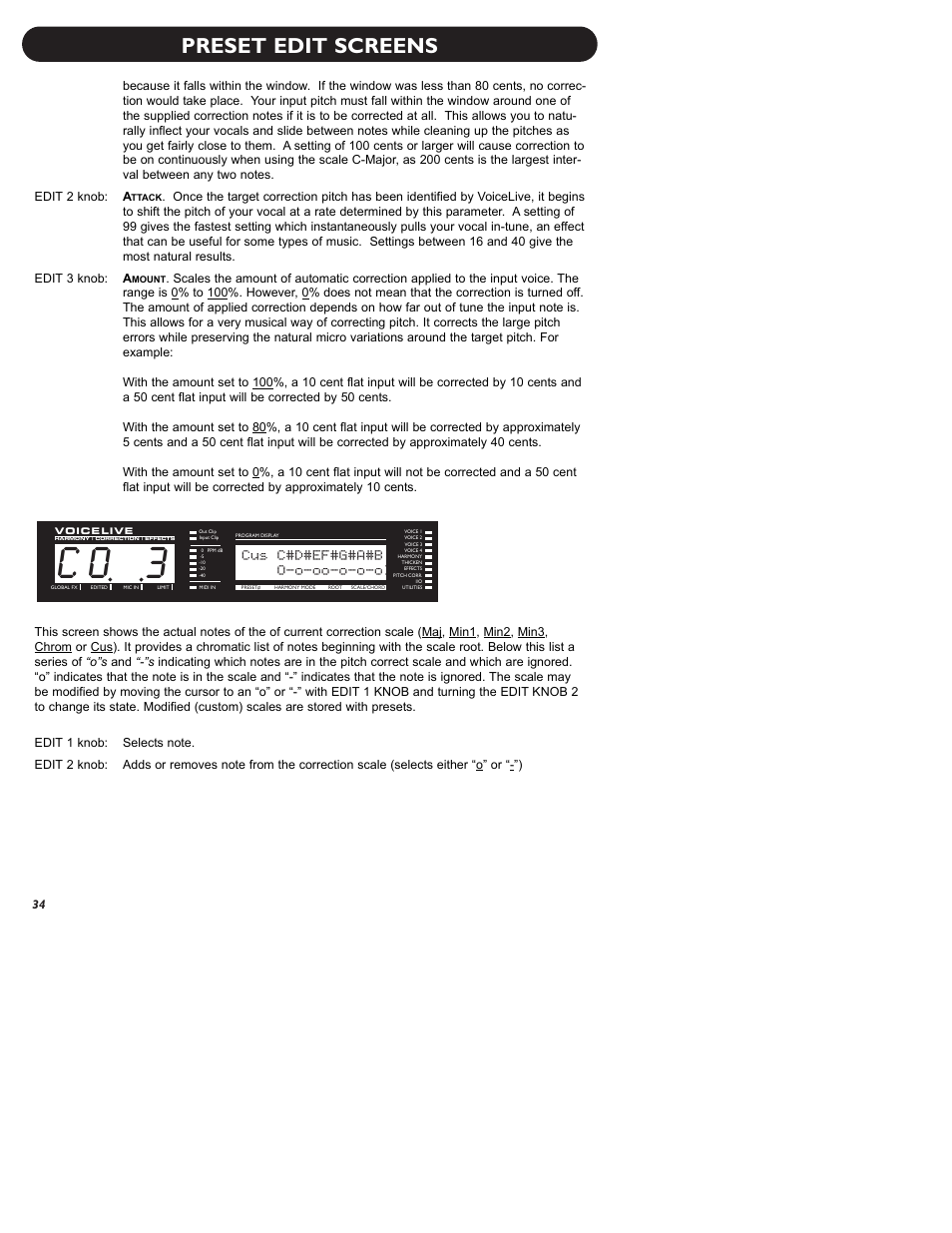 C o 3, Preset edit screens, Cus c#d#ef#g#a#b | O-o-oo-o-o-ol | TC-Helicon VoiceLive Manual User Manual | Page 36 / 59