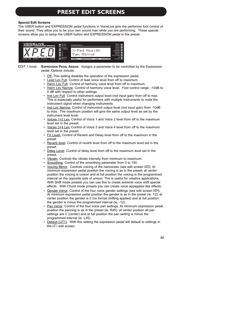 X p e d, Preset edit screens, X-ped assign | Pan mirror | TC-Helicon VoiceLive Manual User Manual | Page 37 / 59