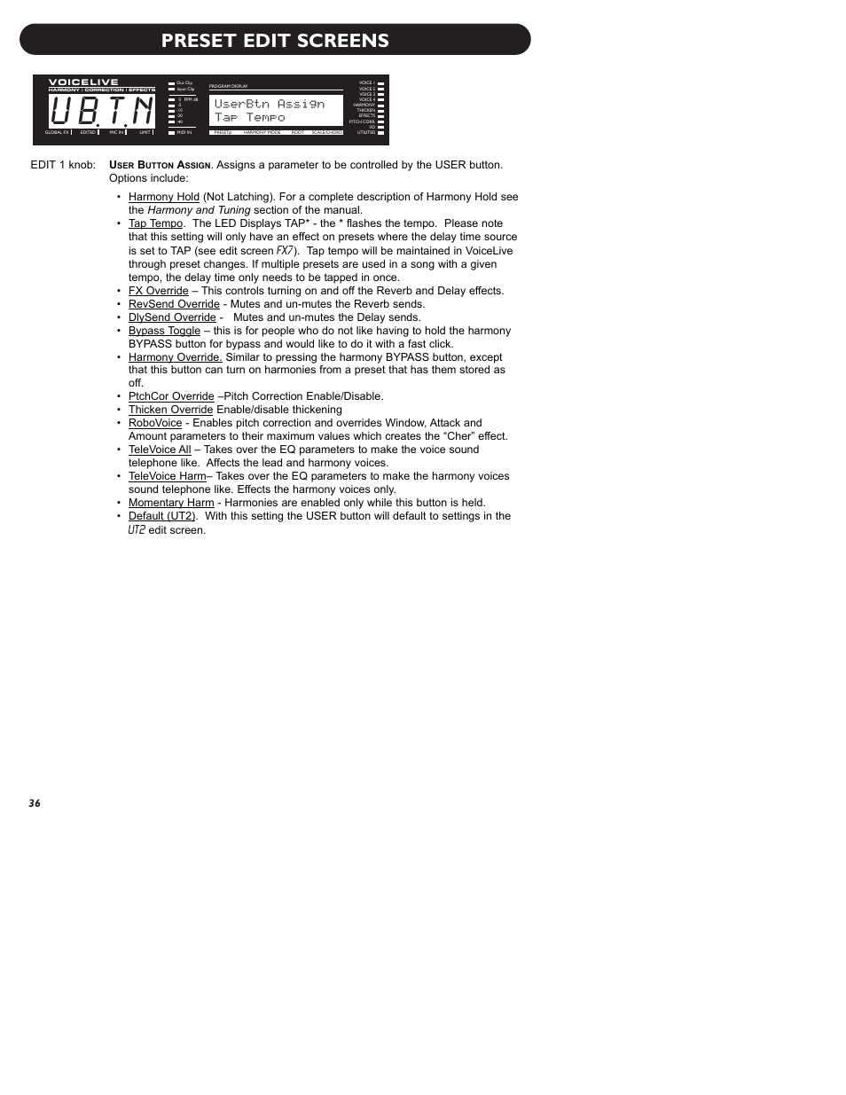 U b t n, Preset edit screens, Userbtn assign | Tap tempo | TC-Helicon VoiceLive Manual User Manual | Page 38 / 59
