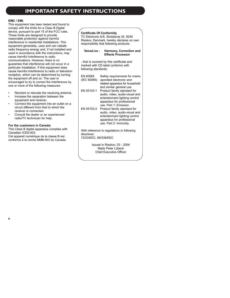 Important safety instructions | TC-Helicon VoiceLive Manual User Manual | Page 4 / 59