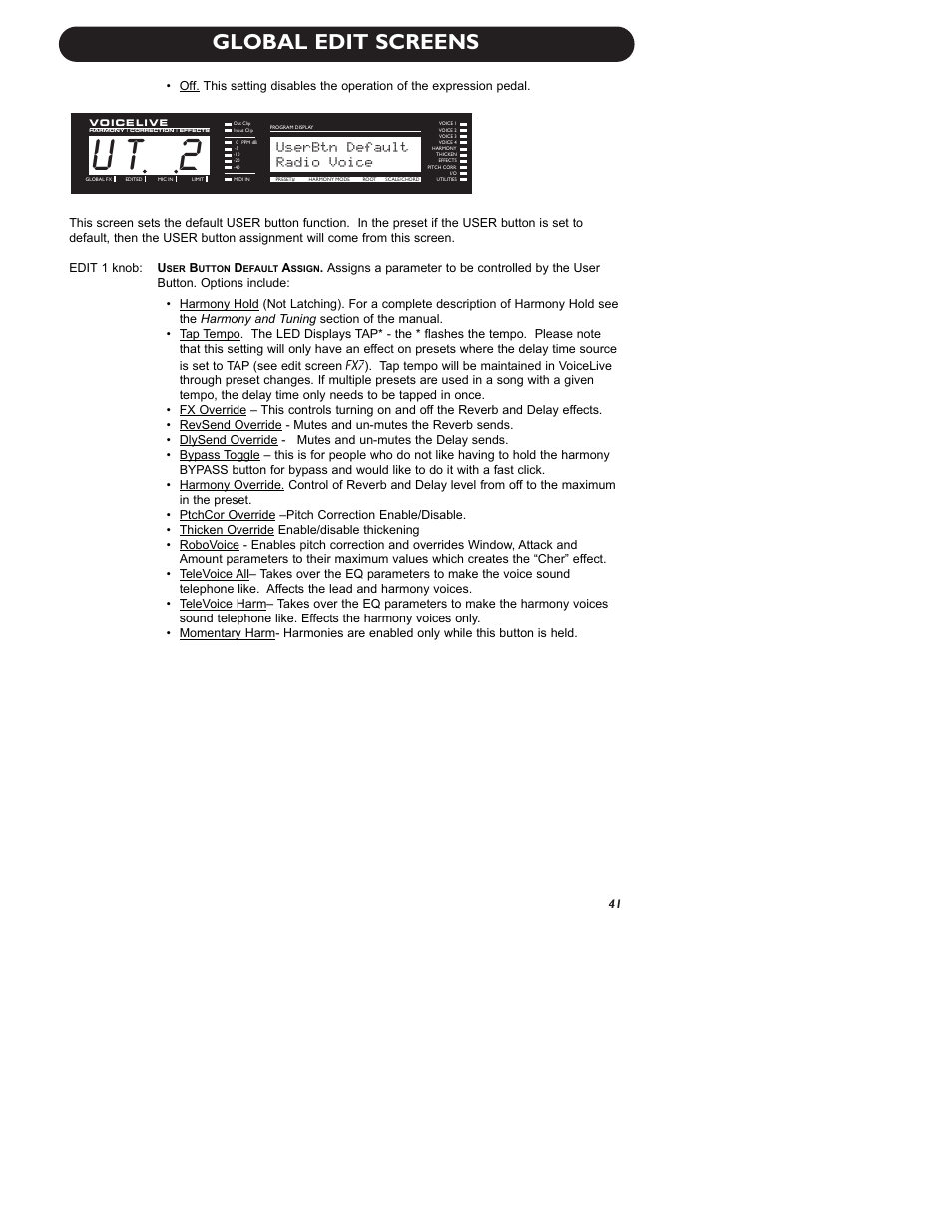 U t 2, Global edit screens, Userbtn default | Radio voice | TC-Helicon VoiceLive Manual User Manual | Page 43 / 59