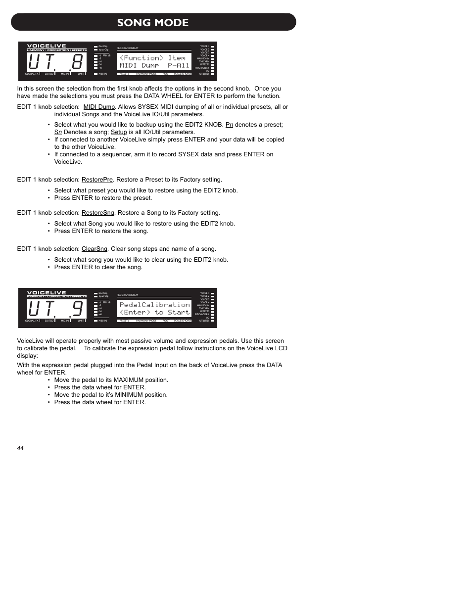 U t 9, U t 8, Song mode | Pedalcalibration, Enter> to start, Function> item, Midi dump p-all | TC-Helicon VoiceLive Manual User Manual | Page 46 / 59