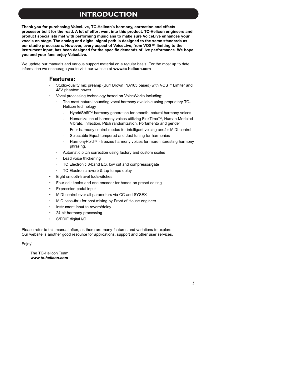 Introduction, Features | TC-Helicon VoiceLive Manual User Manual | Page 7 / 59