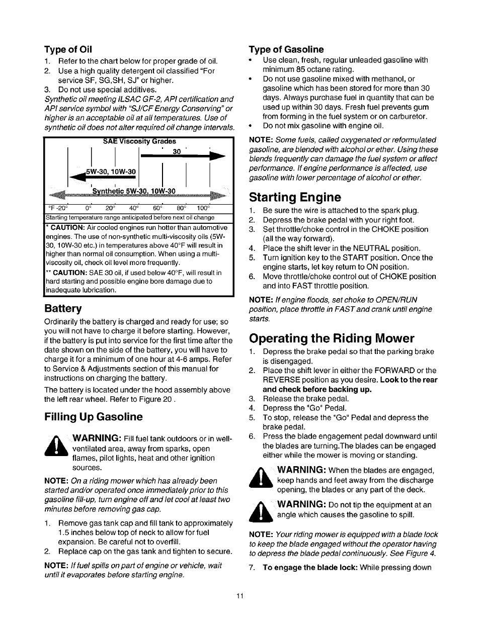 Battery, Filling up gasoline, Starting engine | Operating the riding mower | Craftsman 247.27022 User Manual | Page 11 / 72