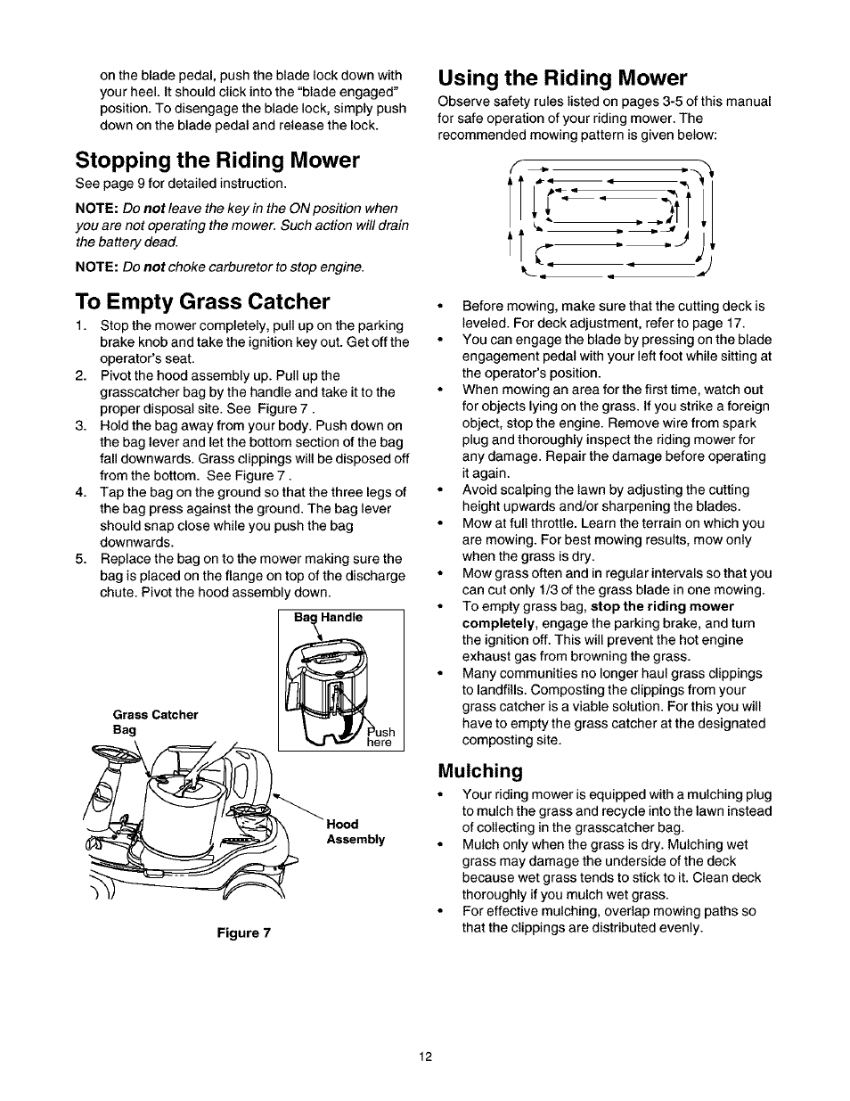 Stopping the riding mower, To empty grass catcher, Using the riding mower | Mulching | Craftsman 247.27022 User Manual | Page 12 / 72
