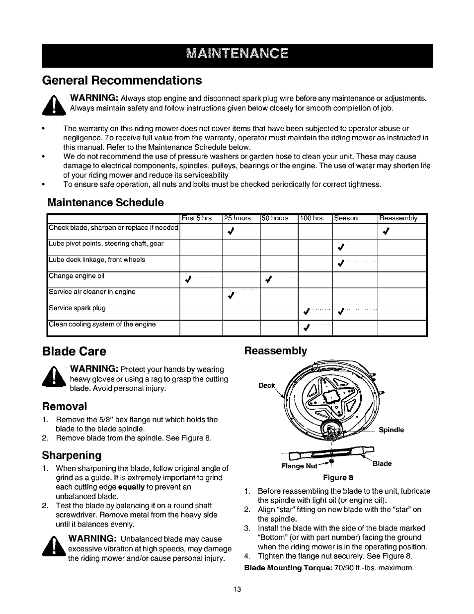 General recommendations, Maintenance schedule, Reassembly | Removal, Sharpening, Blade care | Craftsman 247.27022 User Manual | Page 13 / 72