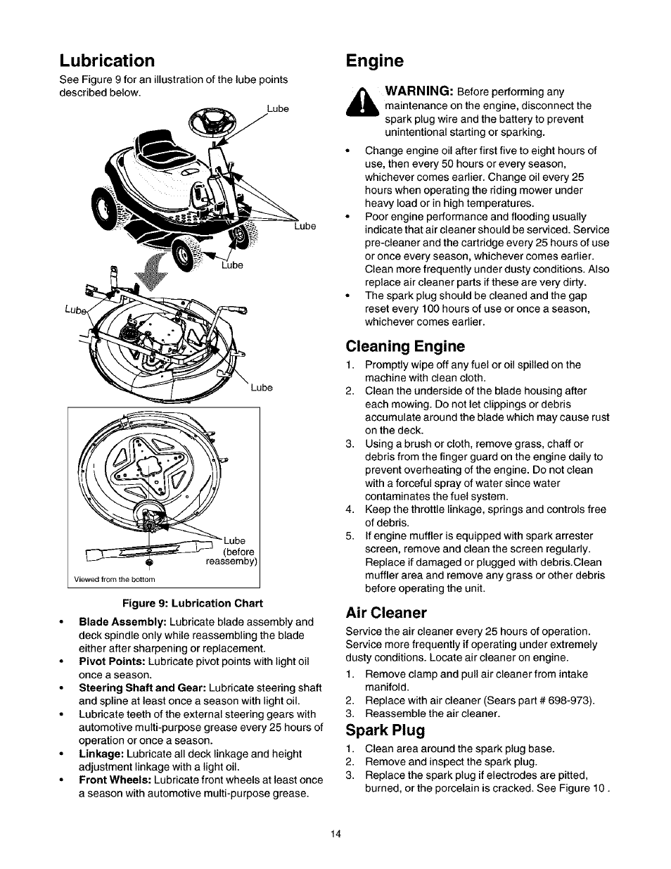 Lubrication, Cleaning engine, Air cleaner | Spark plug, Engine | Craftsman 247.27022 User Manual | Page 14 / 72