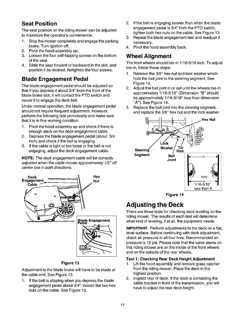 Seat position, Blade engagement pedal, Wheel alignment | Adjusting the deck | Craftsman 247.27022 User Manual | Page 17 / 72