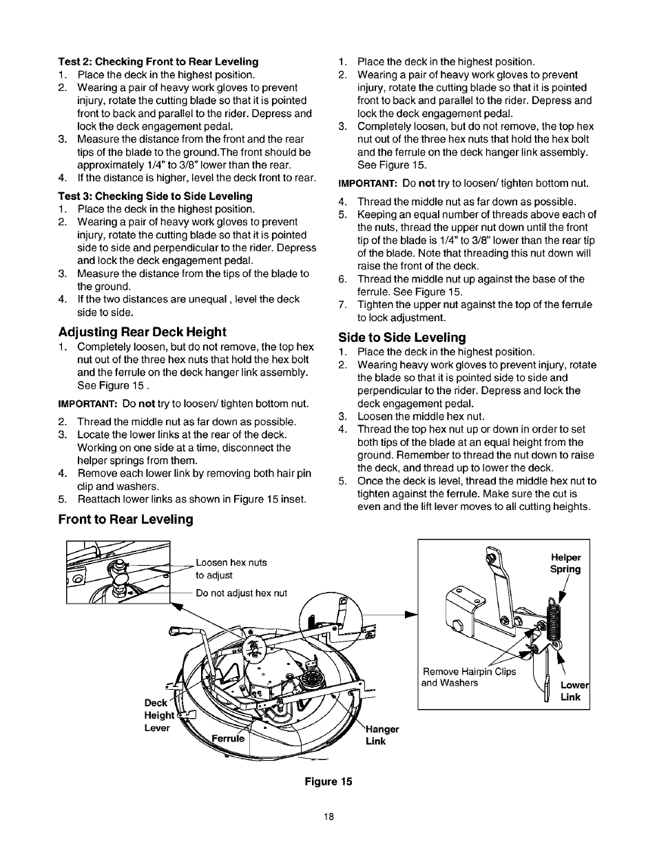 Adjusting rear deck height, Front to rear leveling, Side to side leveling | Craftsman 247.27022 User Manual | Page 18 / 72