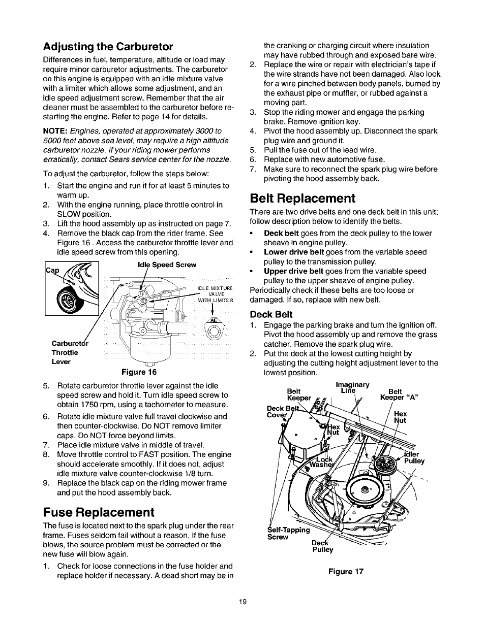 Adjusting the carburetor, Fuse replacement, Belt replacement | Deck belt | Craftsman 247.27022 User Manual | Page 19 / 72