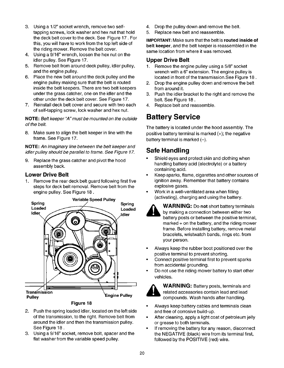 Lower drive belt, Upper drive belt, Battery service | Safe handling | Craftsman 247.27022 User Manual | Page 20 / 72