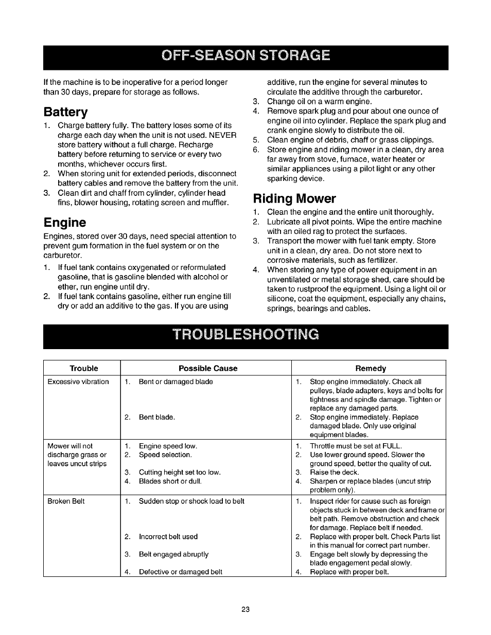 Ff-season storag, Battery, Engine | Riding mower, Troubleshooting | Craftsman 247.27022 User Manual | Page 23 / 72