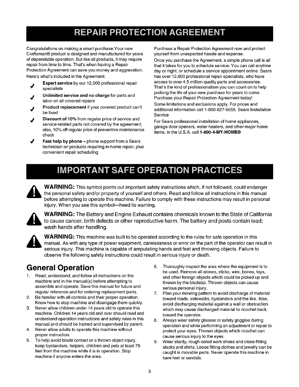 Pair protection agreement, Mportant safe operation practices, General operation | Craftsman 247.27022 User Manual | Page 3 / 72