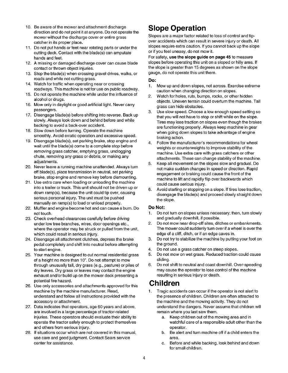 Slope operation, Children | Craftsman 247.27022 User Manual | Page 4 / 72