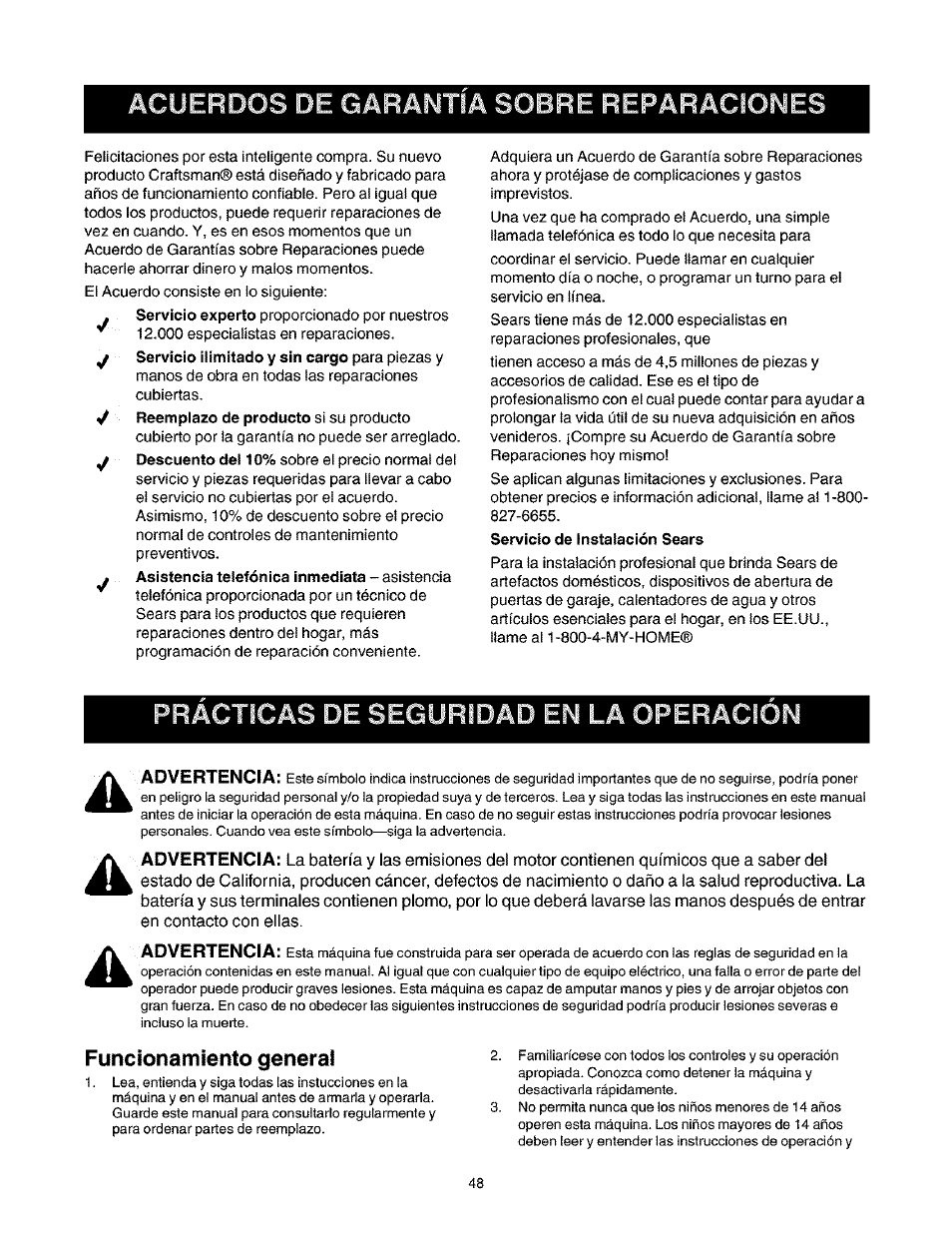 Acuerdos de garantia sobre reparaciones, Racticas de seguridad en la operacion, Funcionamiento general | Prácticas de seguridad en ia operación | Craftsman 247.27022 User Manual | Page 48 / 72