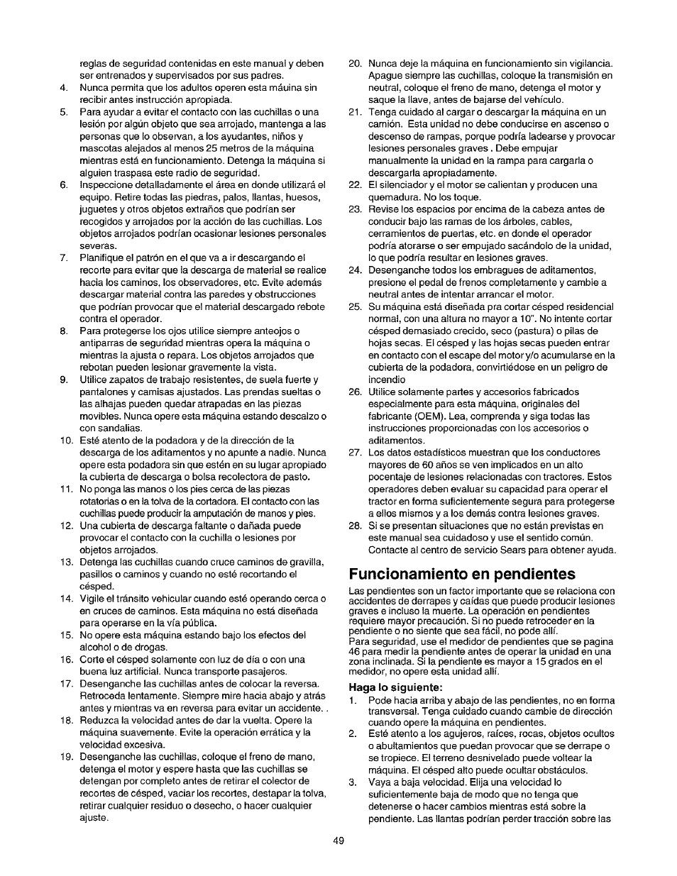 Funcionamiento en pendientes | Craftsman 247.27022 User Manual | Page 49 / 72