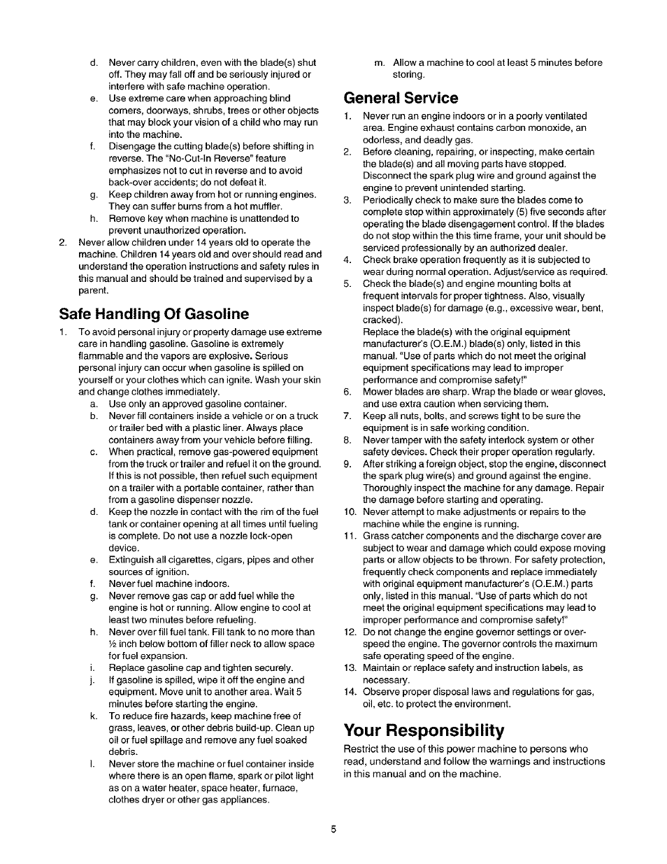 Safe handling of gasoline, General service, Your responsibility | Craftsman 247.27022 User Manual | Page 5 / 72