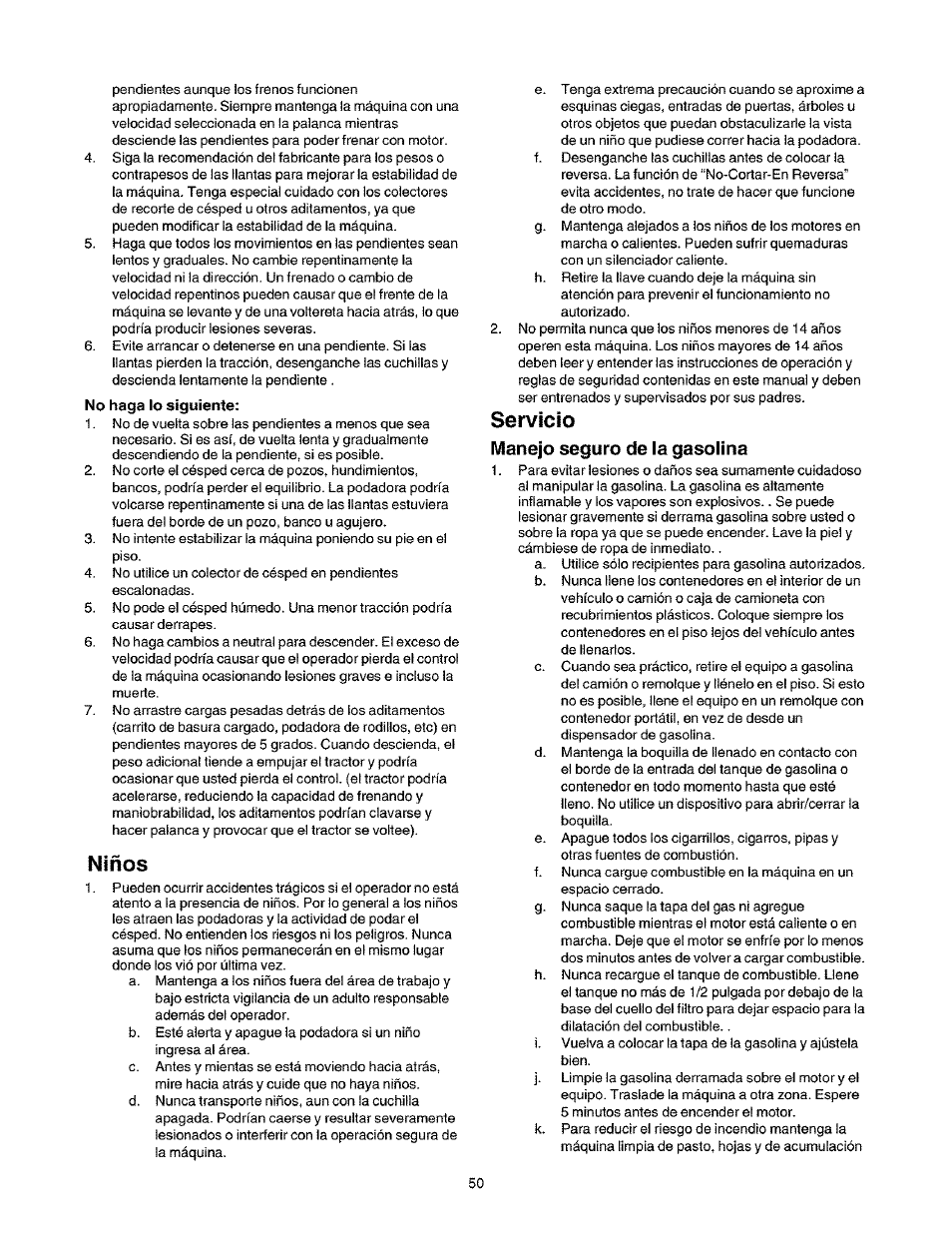 Niños, Servicio, Manejo seguro de la gasolina | Craftsman 247.27022 User Manual | Page 50 / 72