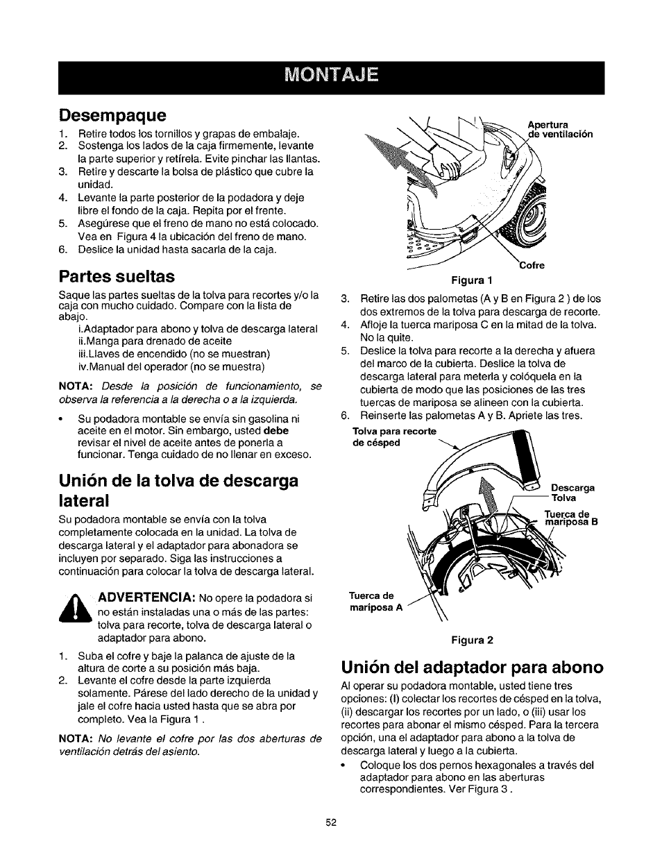 Montaj, Desempaque, Partes sueltas | Unión de la tolva de descarga lateral, Unión del adaptador para abono, Montaje | Craftsman 247.27022 User Manual | Page 52 / 72