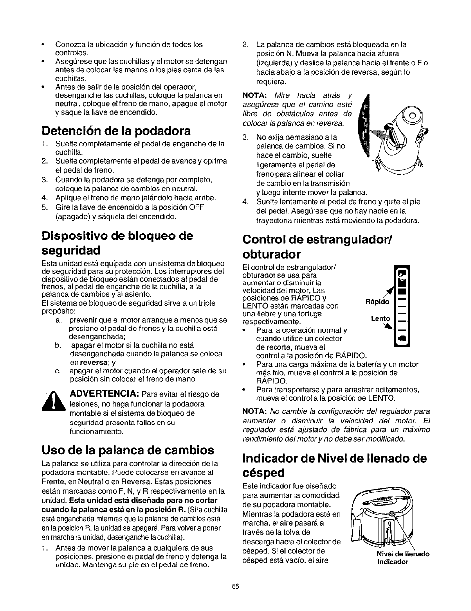 Detención de la podadera, Dispositivo de bloqueo de seguridad, Uso de la palanca de cambios | Control de estrangulador/ obturador, Indicador de nivel de llenado de césped | Craftsman 247.27022 User Manual | Page 55 / 72