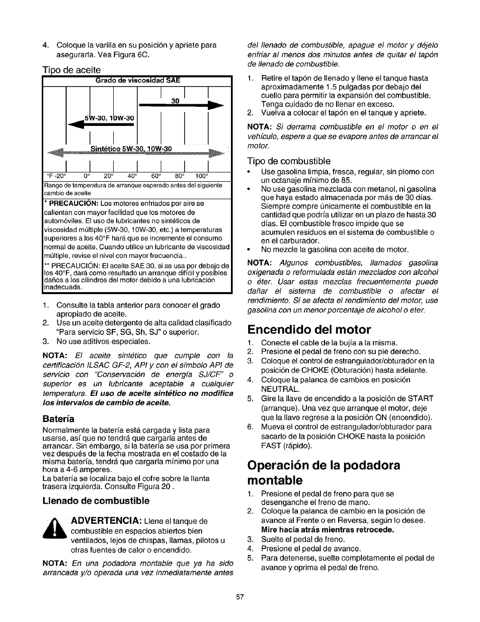 Tipo de aceite, Batería, Llenado de combustible | Tipo de combustible, Encendido del motor, Operación de la podadera montable | Craftsman 247.27022 User Manual | Page 57 / 72