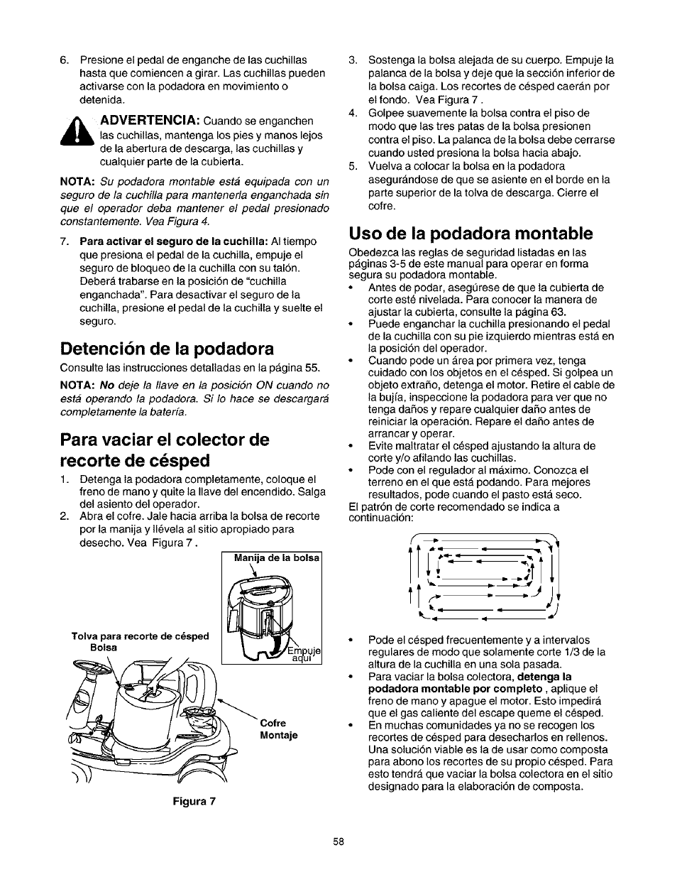 Detención de la podadora, Para vaciar el colector de recorte de césped, Uso de la podadora montable | Craftsman 247.27022 User Manual | Page 58 / 72