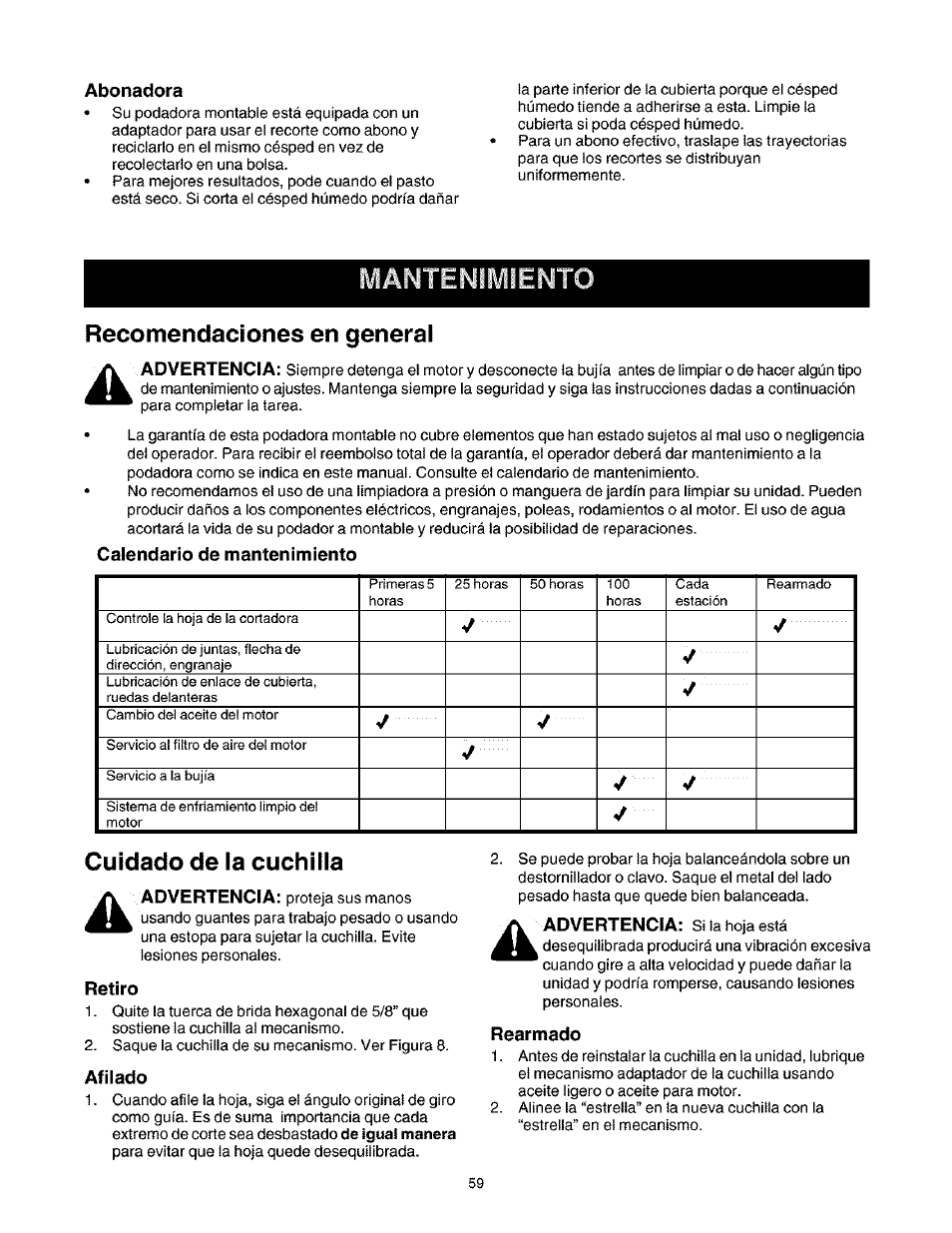 Recomendaciones en general, Cuidado de la cuchilla | Craftsman 247.27022 User Manual | Page 59 / 72