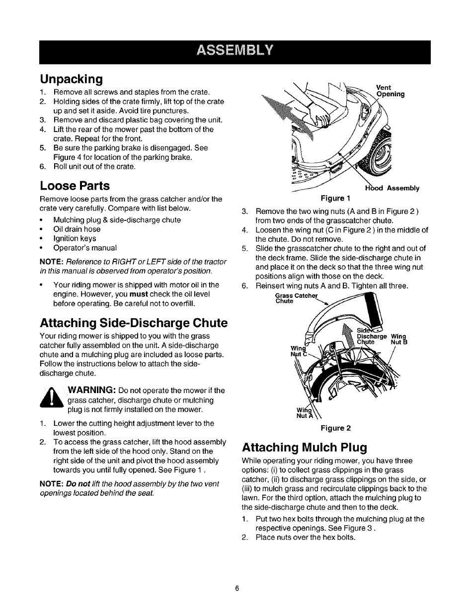 Assembly, Unpacking, Loose parts | Attaching side-discharge chute, Attaching mulch plug | Craftsman 247.27022 User Manual | Page 6 / 72