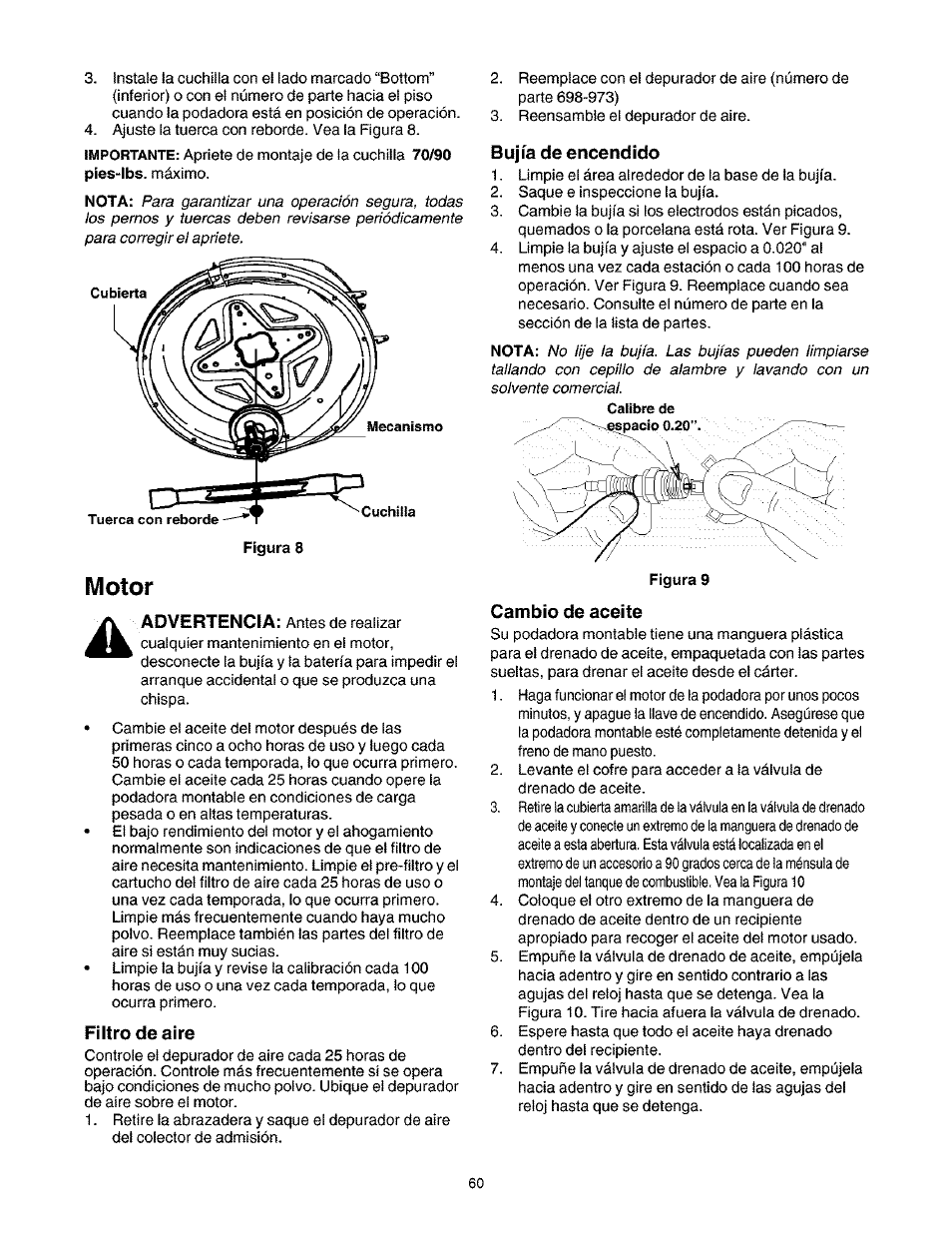 Filtro de aire, Bujía de encendido, Cambio de aceite | Motor | Craftsman 247.27022 User Manual | Page 60 / 72