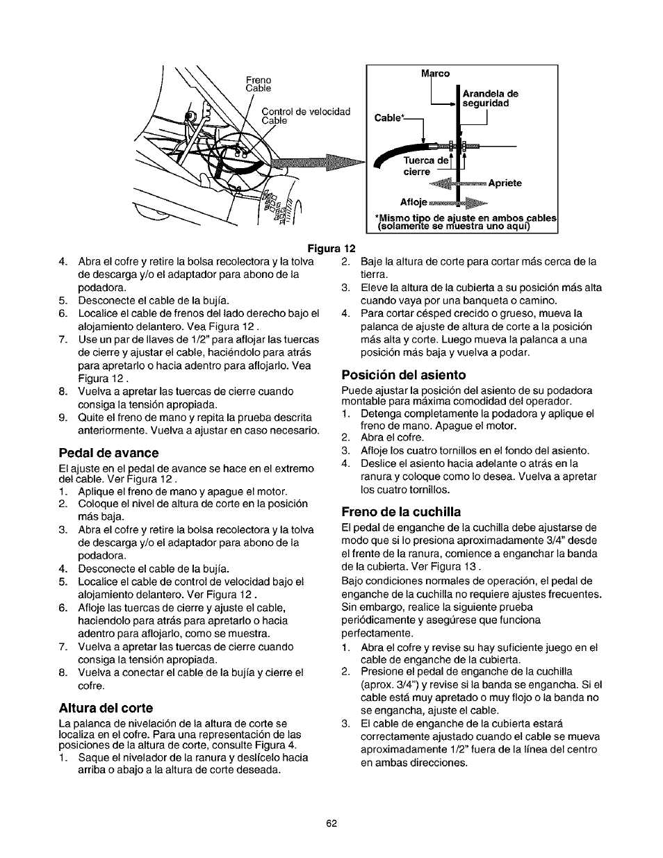 Altura del corte, Posición del asiento, Freno de la cuchilla | Pedal de avance | Craftsman 247.27022 User Manual | Page 62 / 72