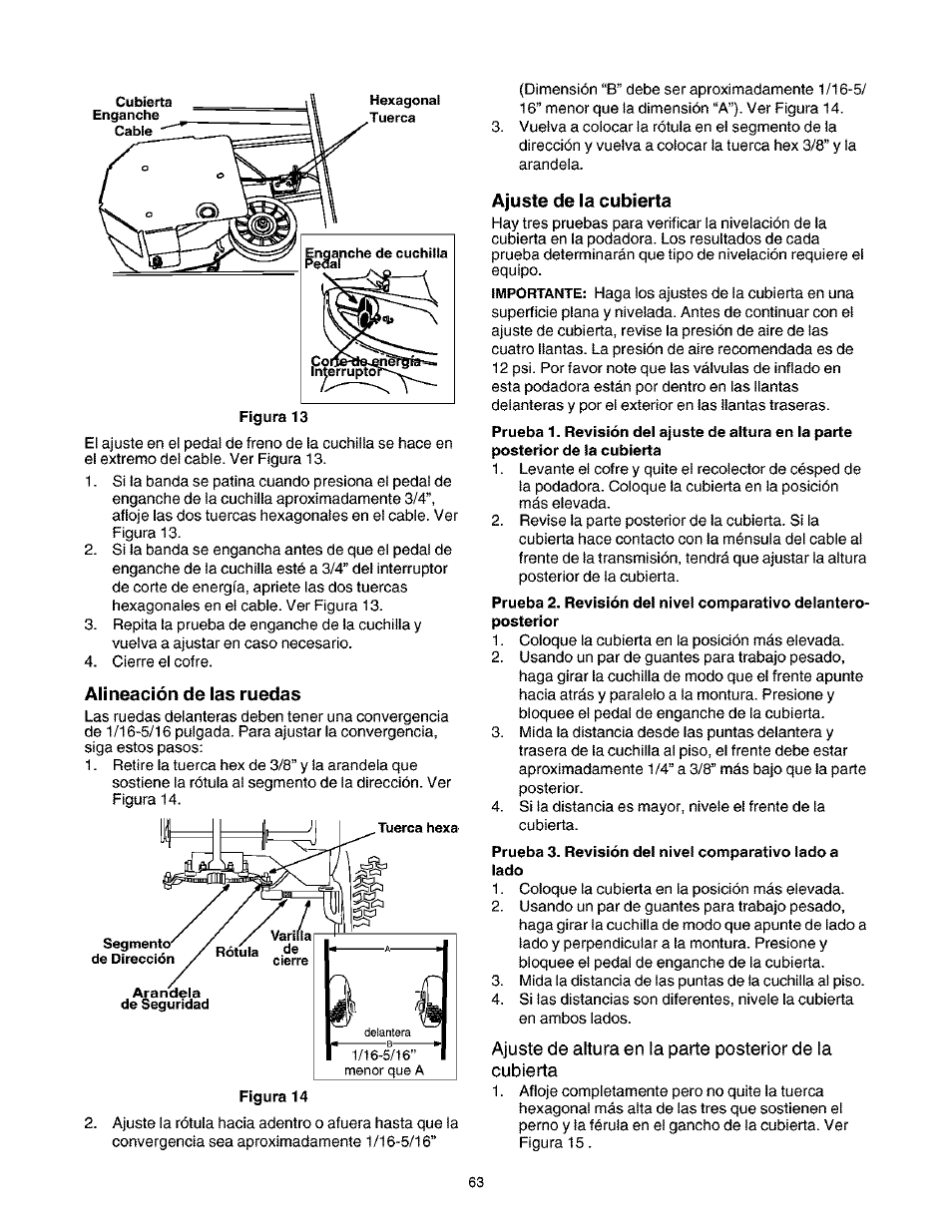 Alineación de las ruedas, Ajuste de la cubierta | Craftsman 247.27022 User Manual | Page 63 / 72