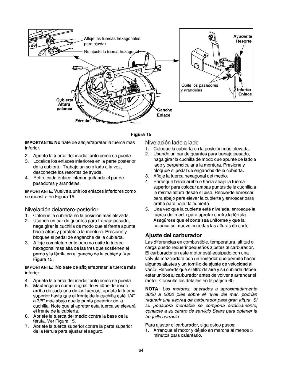 Nivelación delantero-posterior, Nivelación lado a lado, Ajuste del carburador | Craftsman 247.27022 User Manual | Page 64 / 72