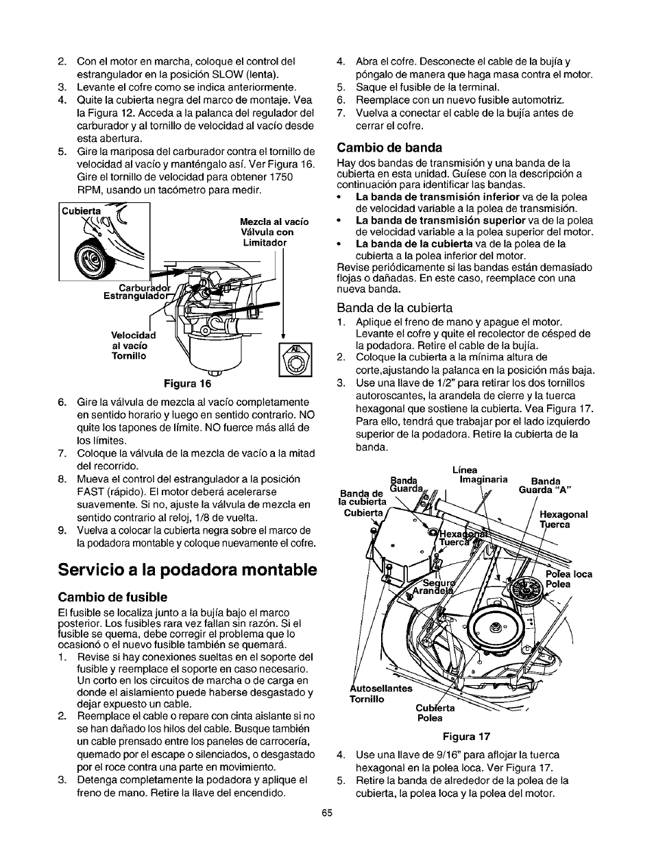 Servicio a la podadera montable, Cambio de fusible, Cambio de banda | Banda de la cubierta | Craftsman 247.27022 User Manual | Page 65 / 72